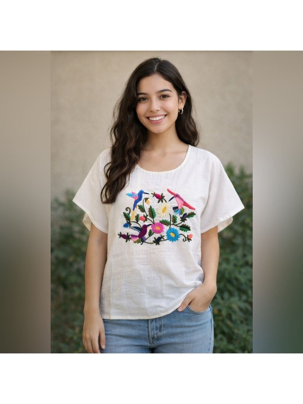 Vintage Embroidered Floral Hummingbird Crewel Art Granny